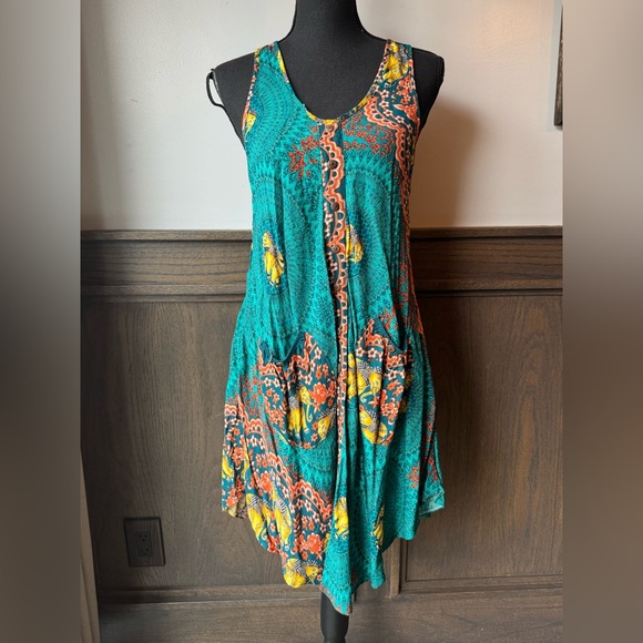 Kathmandu Imports Dresses & Skirts - Sleeveless Teal and Orangehippe boho elephant Patterned Dress